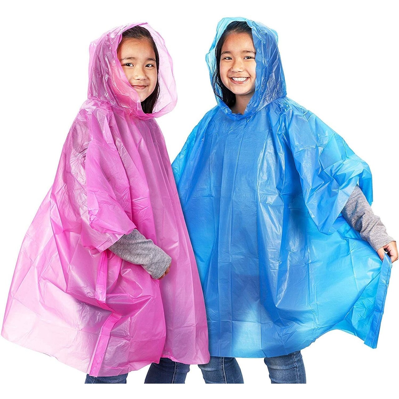 10 Pack Disposable Kids Rain Ponchos with Hood Clear Plastic Raincoats Pink Blue 40.5 x 37 In